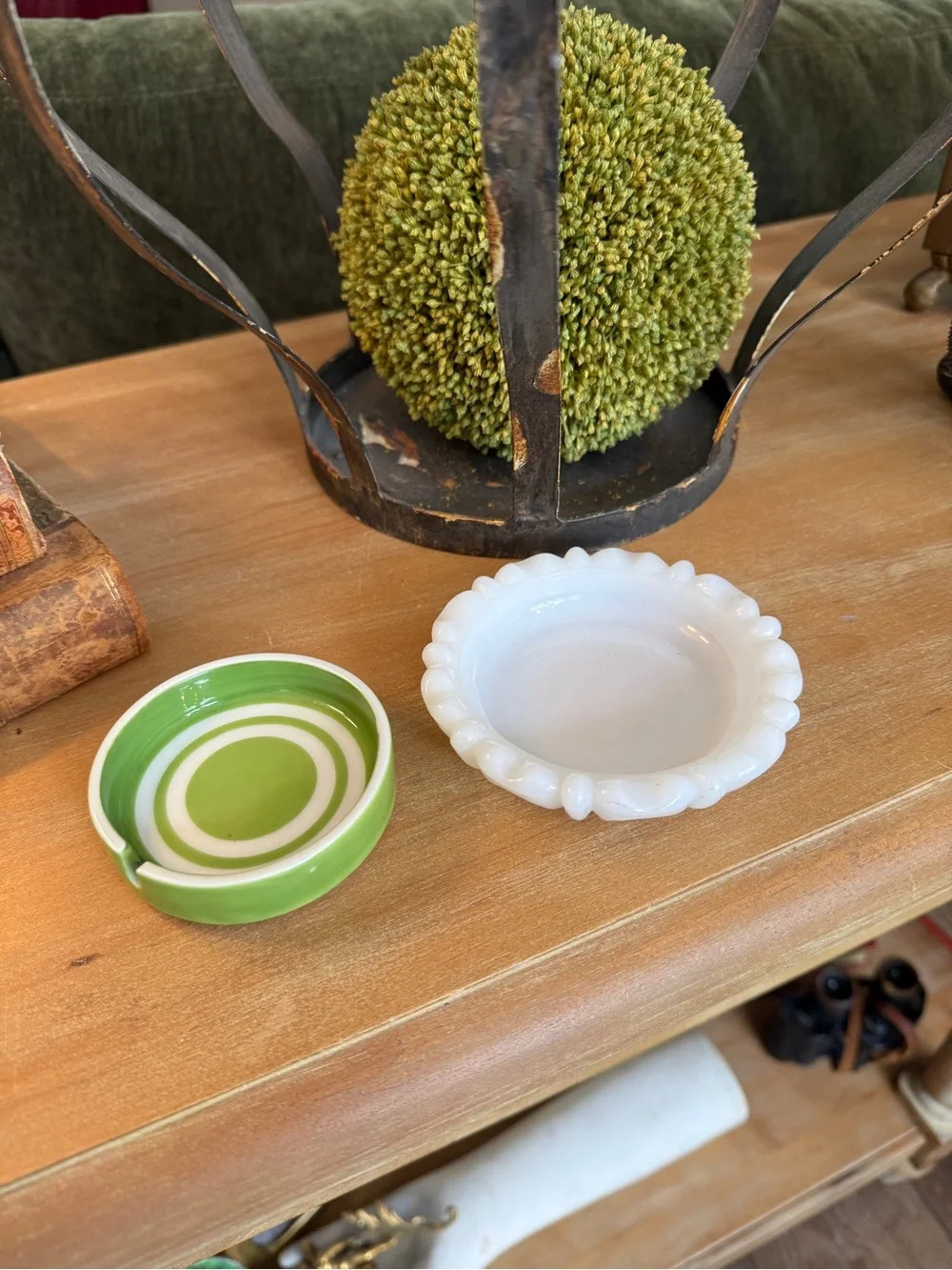 Vintage Milk Glass Dish & Green Striped Ceramic Ashtray – Trinket Dish